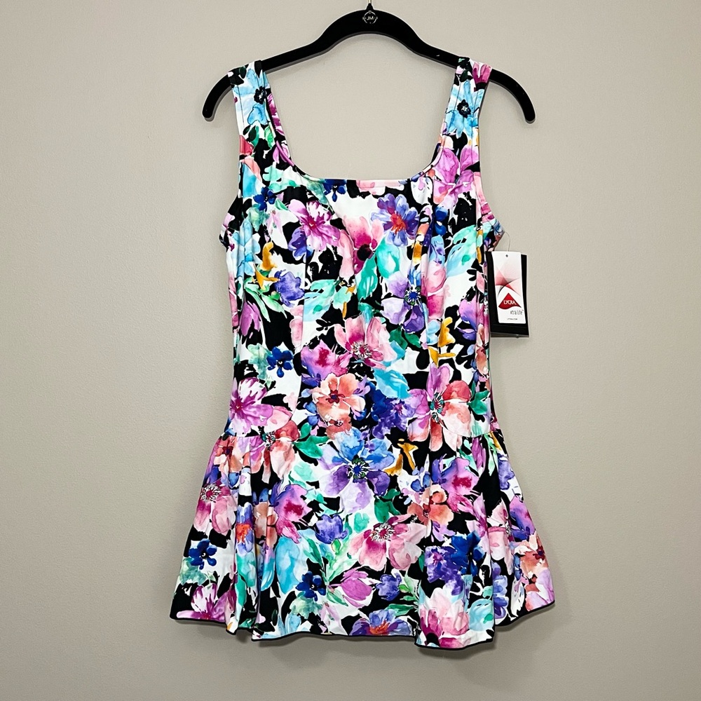 NWT Maxine of Hollywood One-Piece Swim Dress Skirt Floral Tummy Control 16W